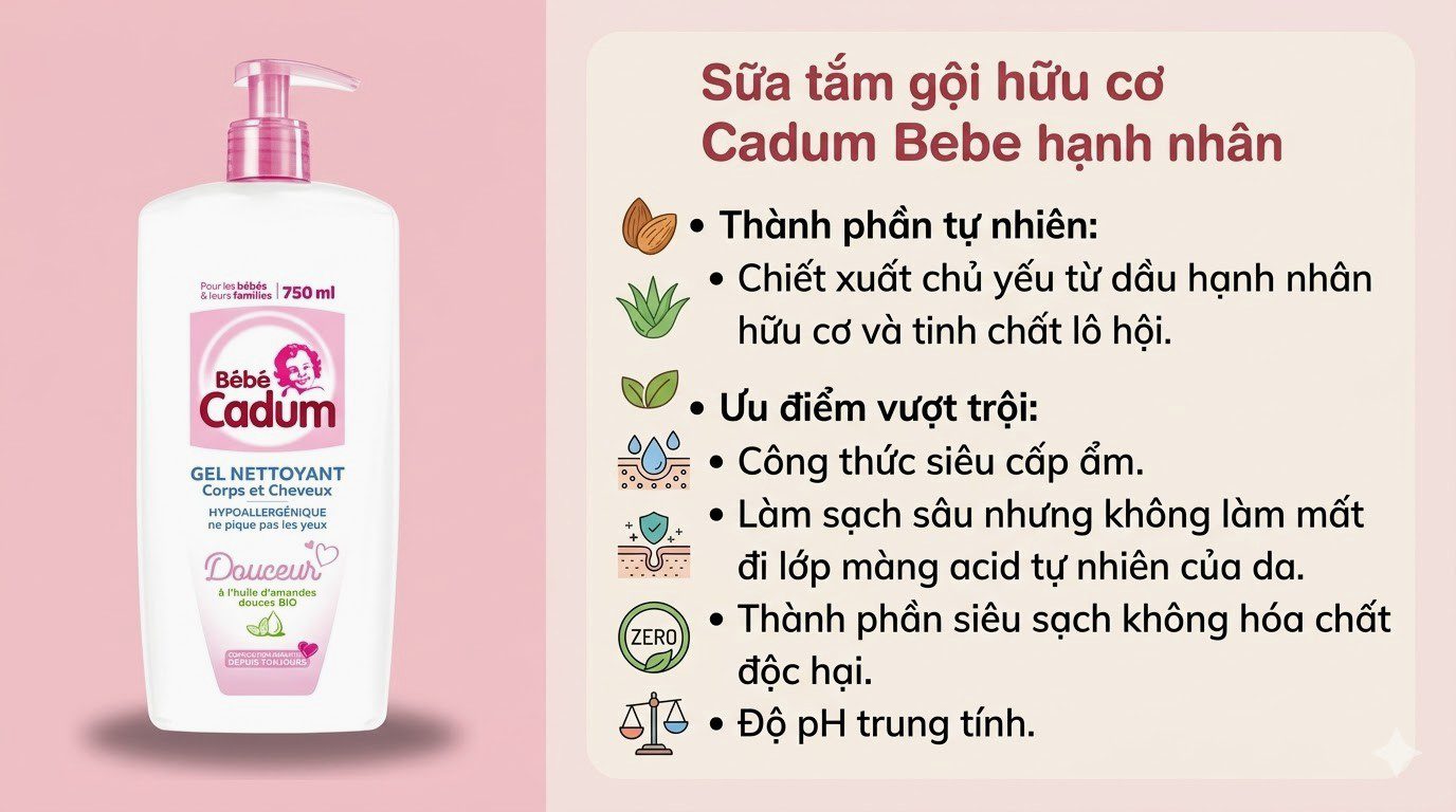 Sữa tắm gội hữu cơ Cadum Bebe hạnh nhân
